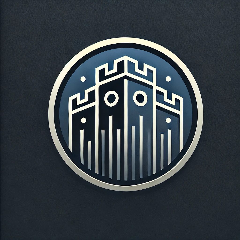 Modern stronghold logo featuring a stylized fortress in a circular design
